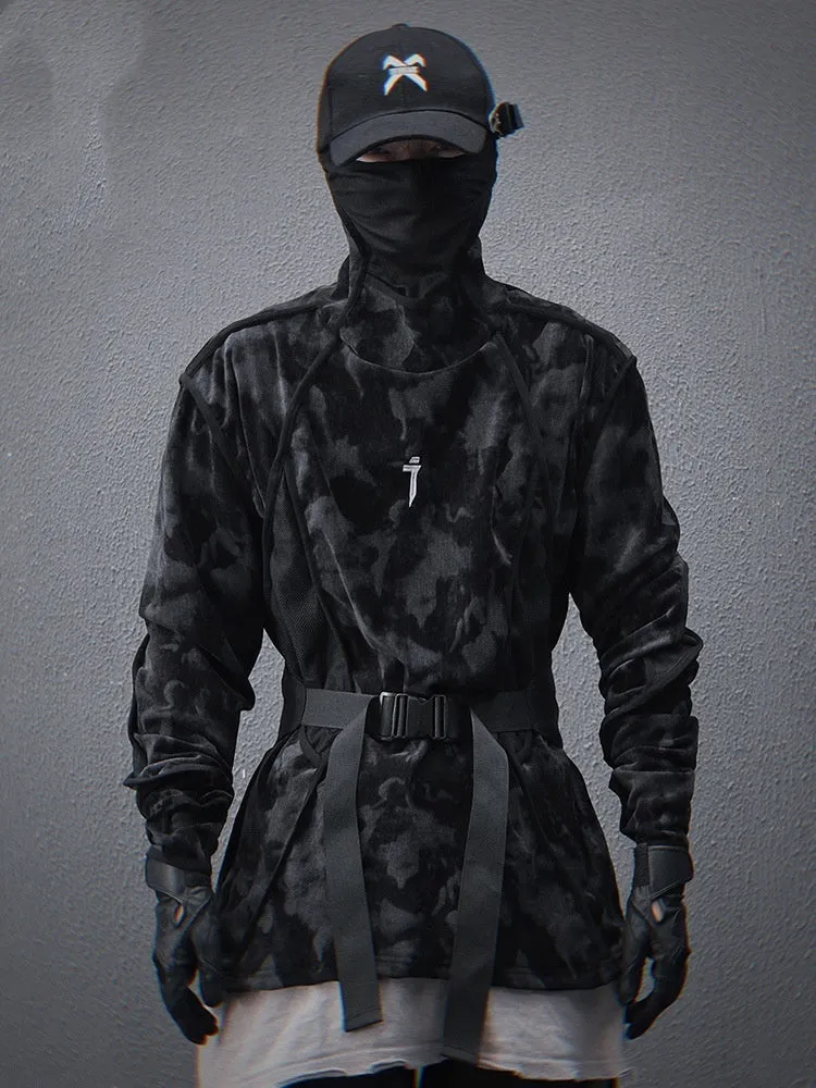Men's black tie dye printed turtleneck sweater with drop shoulder sleeves and loose casual fit