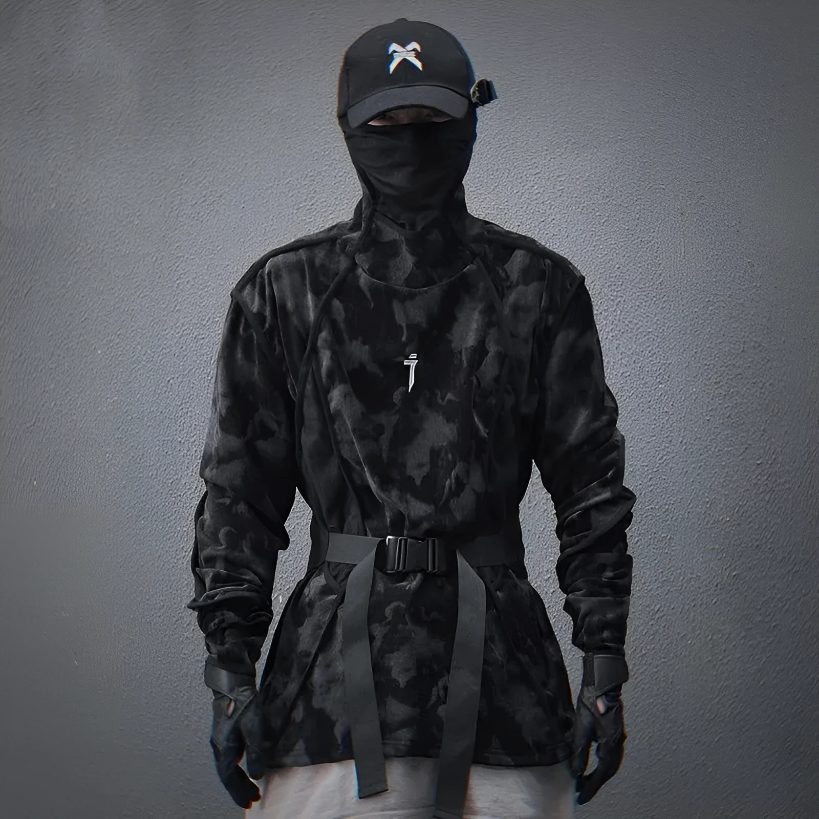 Men's black tie dye printed turtleneck sweater with drop shoulder sleeves and loose casual fit