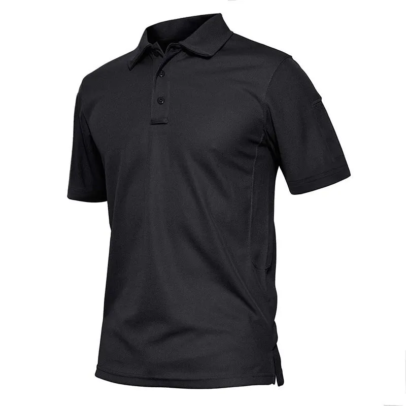 Men's cotton blend short sleeve solid colour polo shirt in black with lapel collar front view