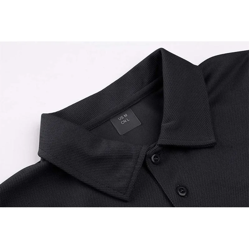 Men's cotton blend short sleeve solid colour polo shirt in black with lapel collar front view