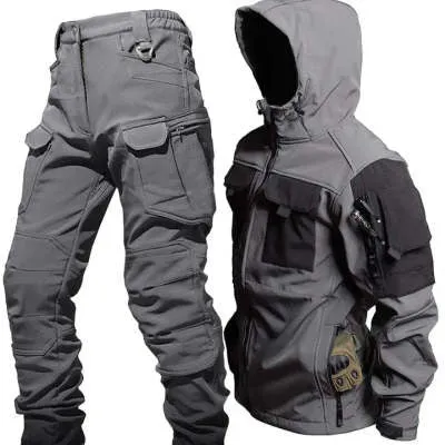 Men's fleece jacket and pants set in corduroy with hooded Korean style in army green beetle coat colour