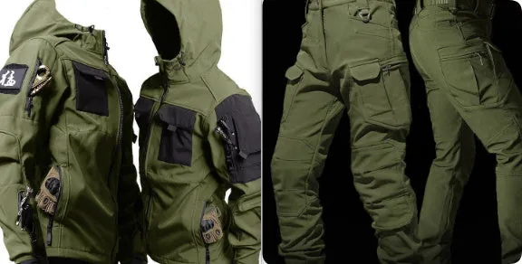 Men's fleece jacket and pants set in corduroy with hooded Korean style in army green beetle coat colour