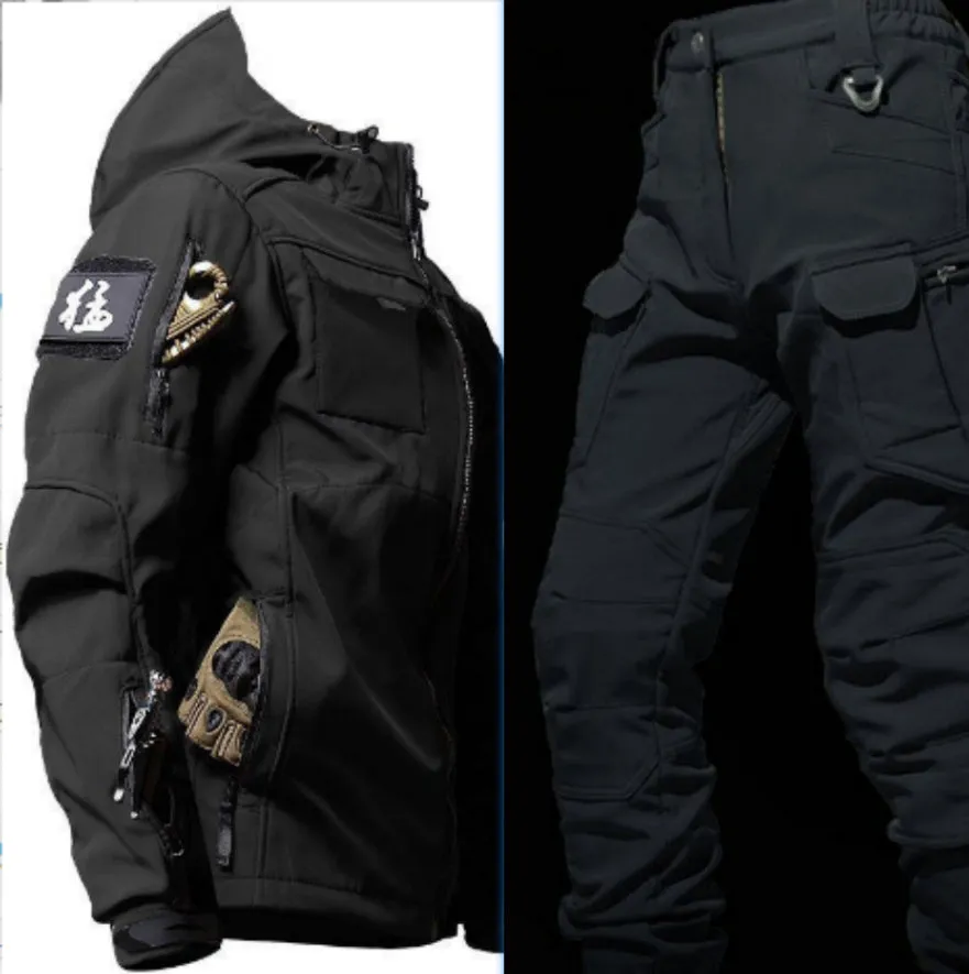 Men's fleece jacket and pants set in corduroy with hooded Korean style in army green beetle coat colour