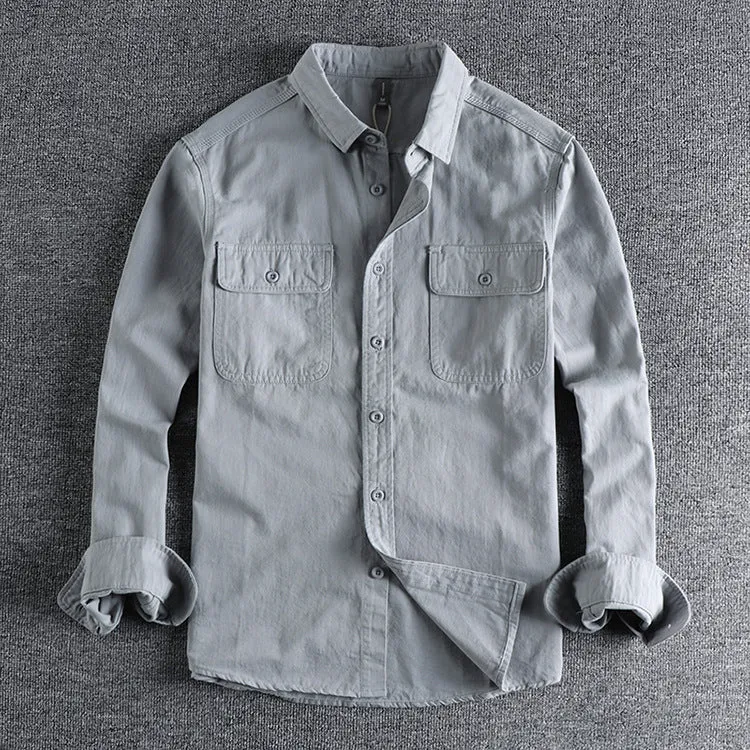 Men's loose fit long sleeve cardigan shirt in polyester available in light gray, black, khaki, and green.