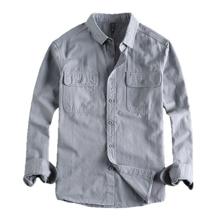 Men's loose fit long sleeve cardigan shirt in polyester available in light gray, black, khaki, and green.