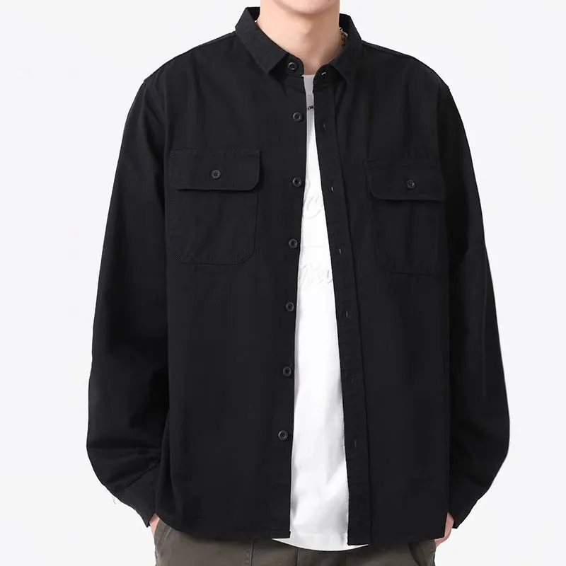 Men's loose fit long sleeve cardigan shirt in polyester available in light gray, black, khaki, and green.
