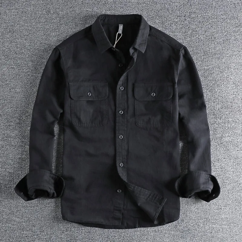 Men's loose fit long sleeve cardigan shirt in polyester available in light gray, black, khaki, and green.