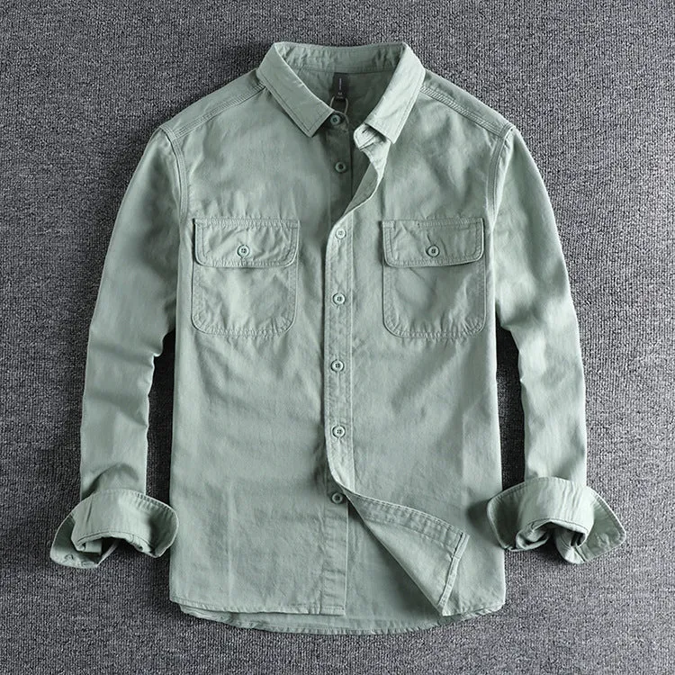 Men's loose fit long sleeve cardigan shirt in polyester available in light gray, black, khaki, and green.