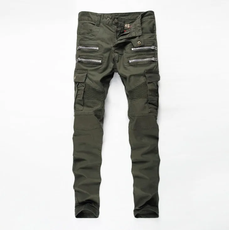 Rugged biker cargo pencil jeans in army green for men, multiple pockets and zip details