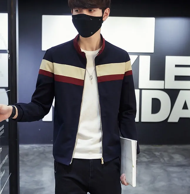 Men's Korean style casual jacket with single-breasted collar, colour-block design, cotton blend, not hooded, blue colour