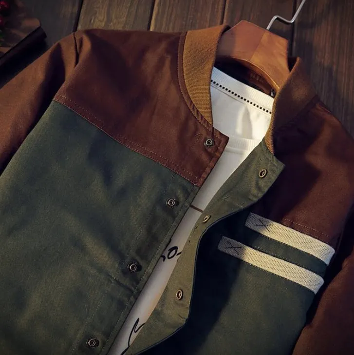 Men's Korean style casual jacket with single-breasted collar, colour-block design, cotton blend, not hooded, blue colour