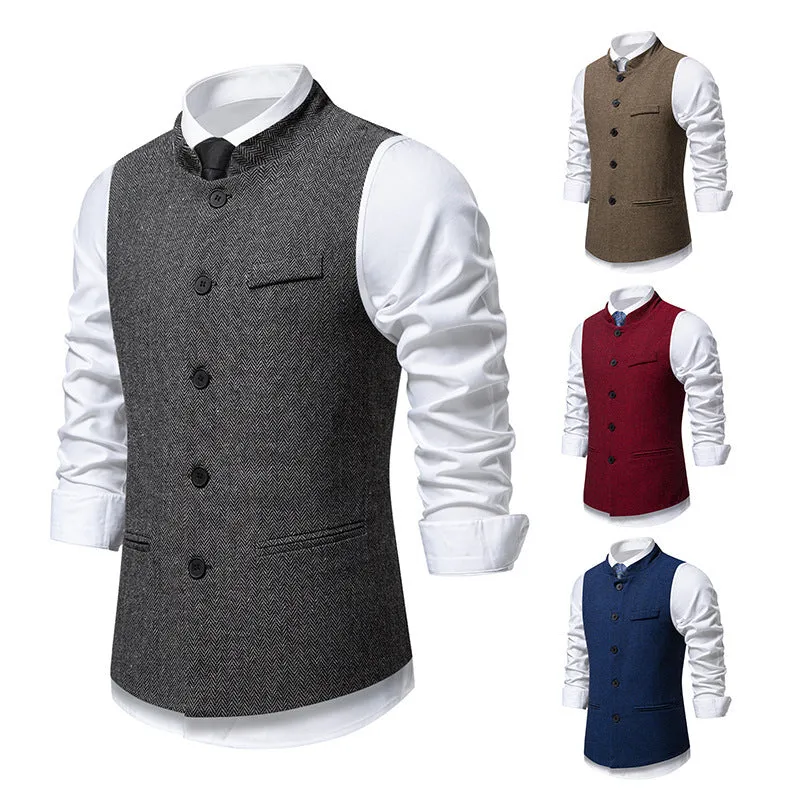 Men's retro stand collar herringbone suit vest in dark gray with top stitching slit pockets, straight fit