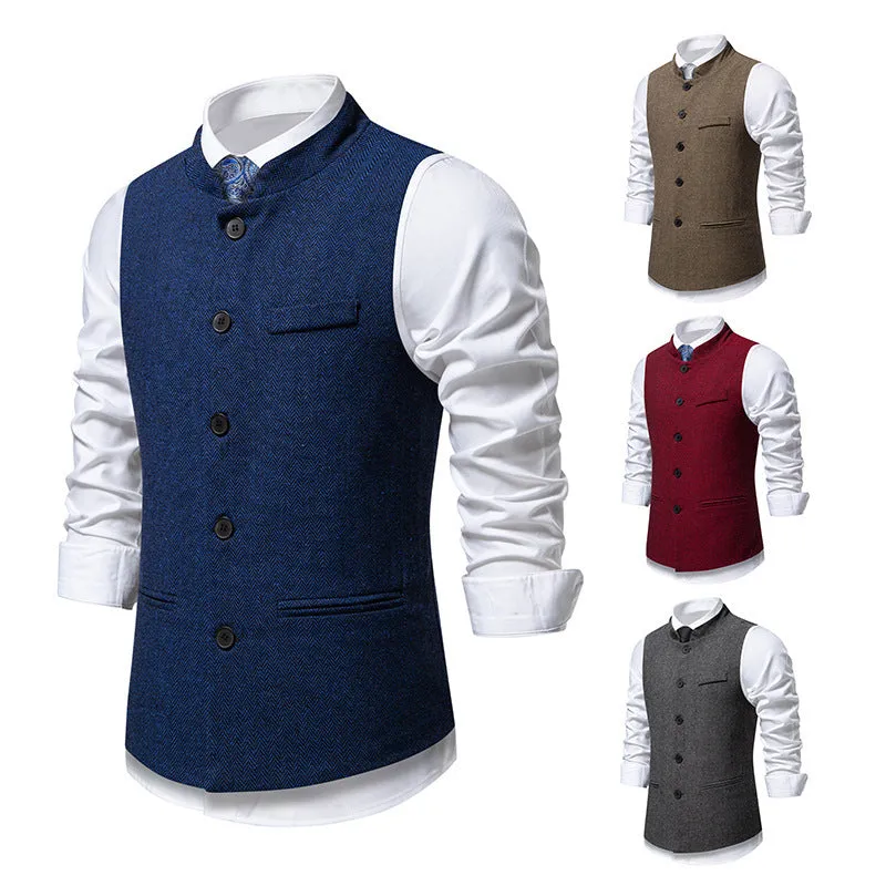 Men's retro stand collar herringbone suit vest in dark gray with top stitching slit pockets, straight fit