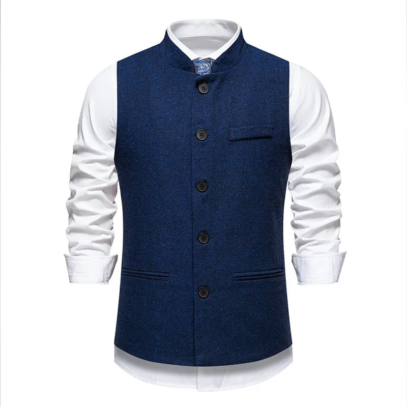 Men's retro stand collar herringbone suit vest in dark gray with top stitching slit pockets, straight fit