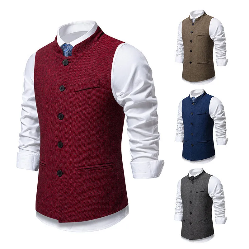 Men's retro stand collar herringbone suit vest in dark gray with top stitching slit pockets, straight fit