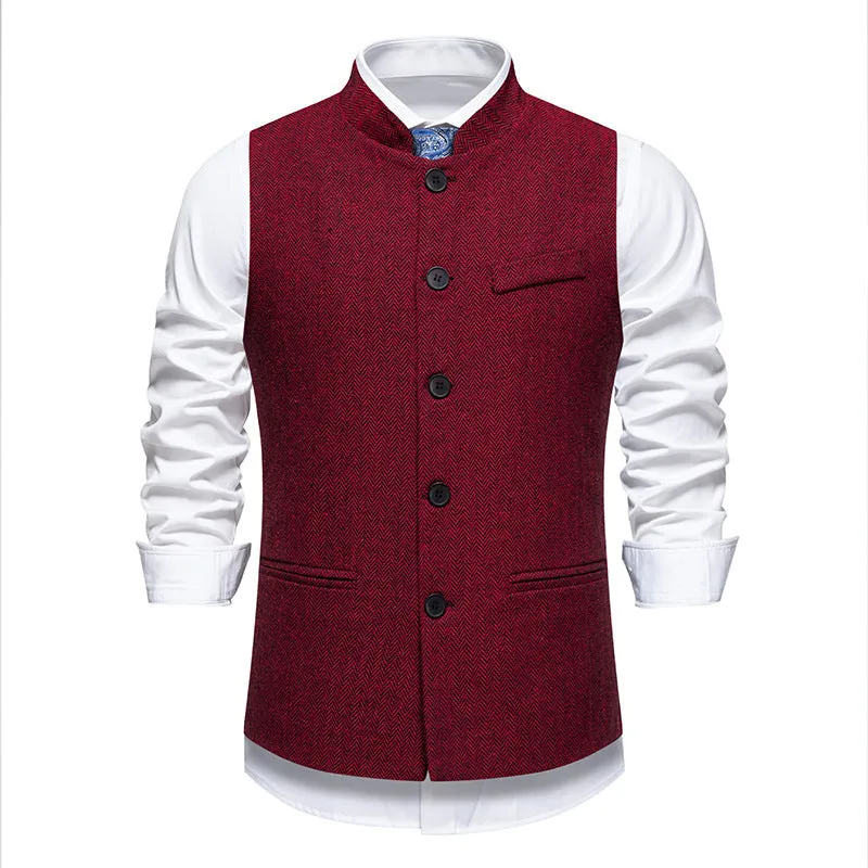 Men's retro stand collar herringbone suit vest in dark gray with top stitching slit pockets, straight fit