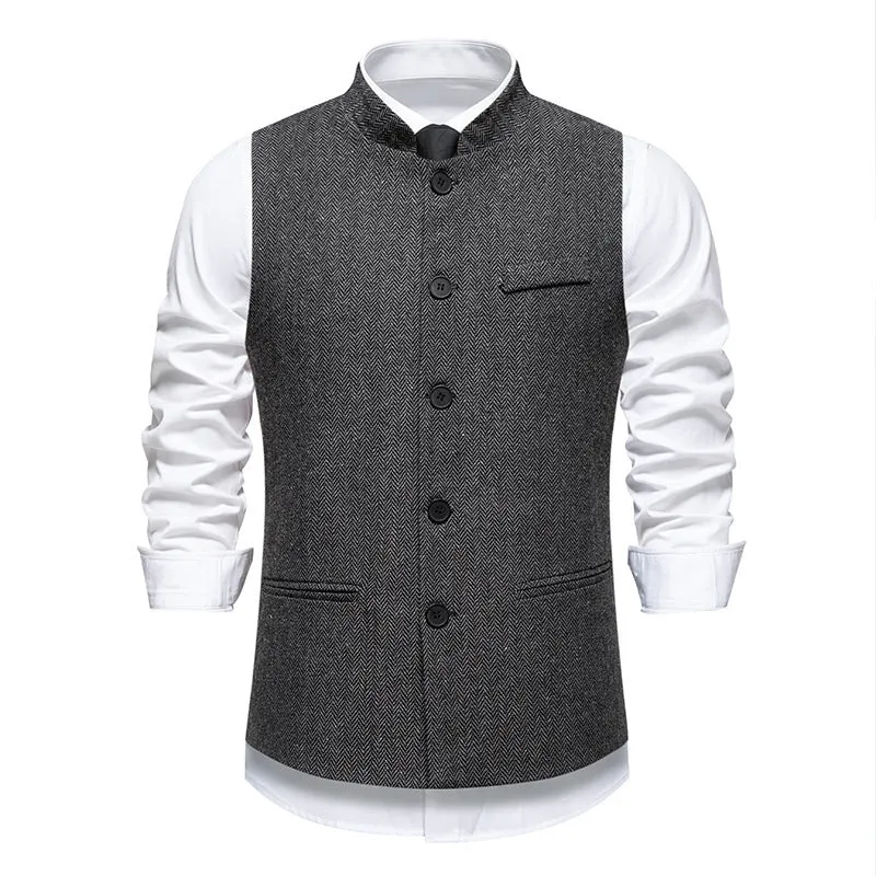 Men's retro stand collar herringbone suit vest in dark gray with top stitching slit pockets, straight fit