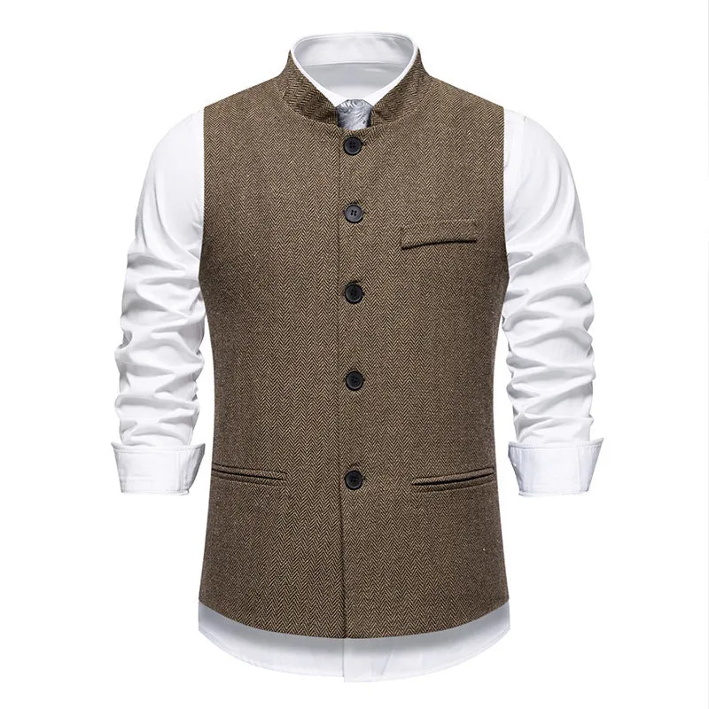 Men's retro stand collar herringbone suit vest in dark gray with top stitching slit pockets, straight fit
