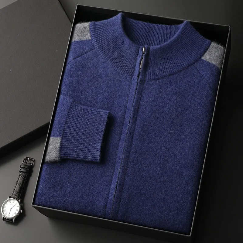 Men's navy blue cashmere blend sports cardigan suit with half turtleneck zipper and matching trousers