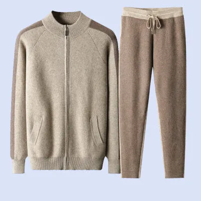 Men's navy blue cashmere blend sports cardigan suit with half turtleneck zipper and matching trousers