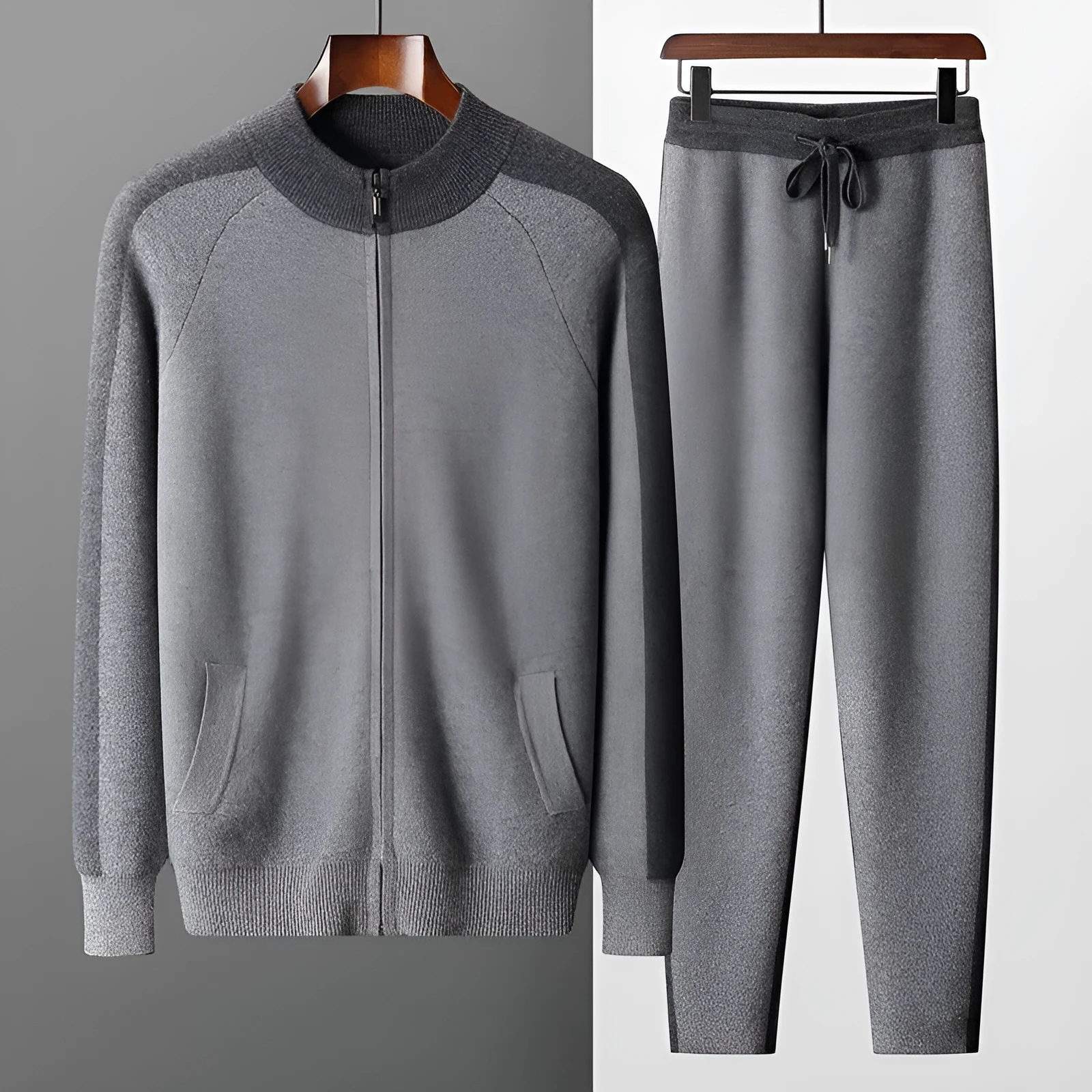 Men's navy blue cashmere blend sports cardigan suit with half turtleneck zipper and matching trousers