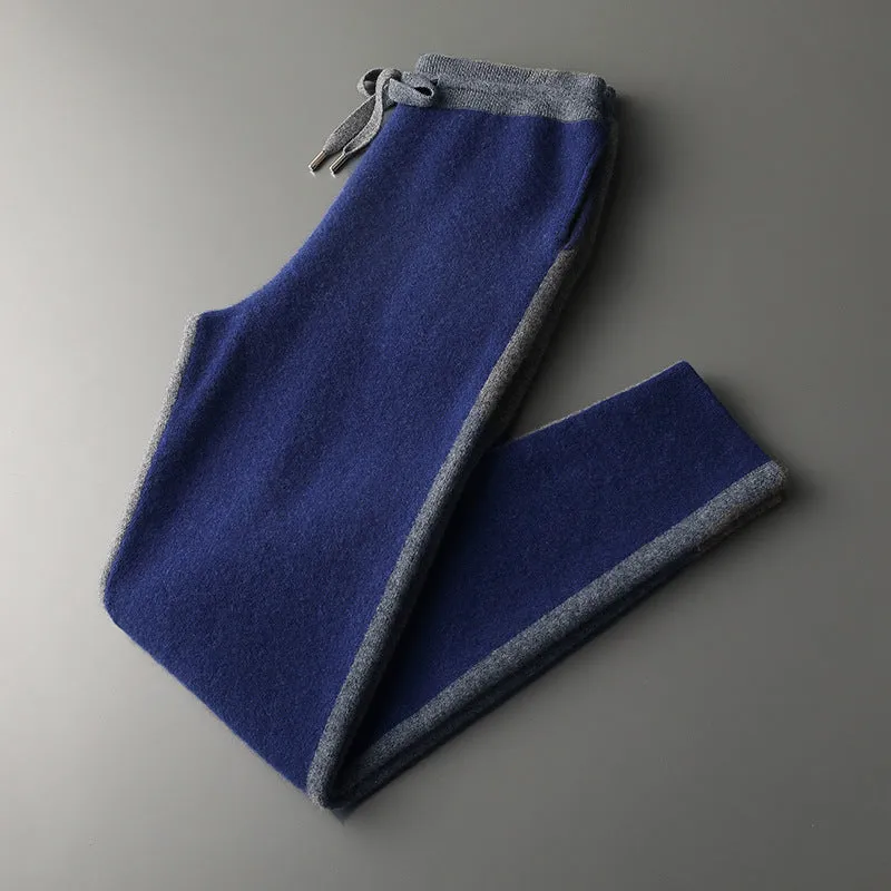 Men's navy blue cashmere blend sports cardigan suit with half turtleneck zipper and matching trousers