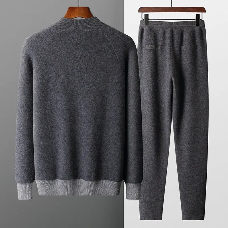 Men's navy blue cashmere blend sports cardigan suit with half turtleneck zipper and matching trousers