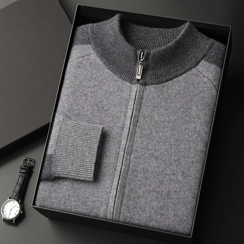 Men's navy blue cashmere blend sports cardigan suit with half turtleneck zipper and matching trousers