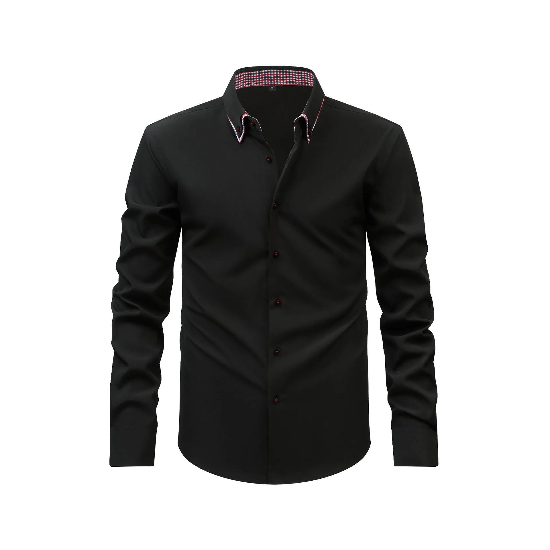 Double collar stitching casual shirt in black showing cardigan style and solid colour design with button front