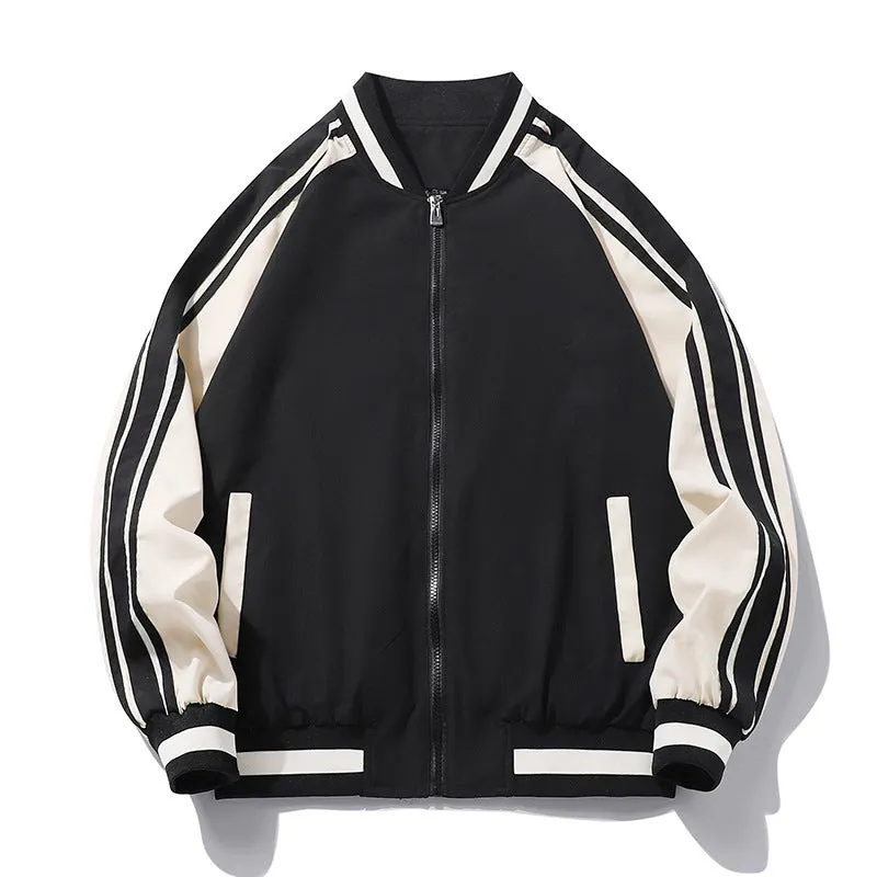 Men's striped baseball collar casual jacket in black, made from polyester fibre, available in sizes M-5XL