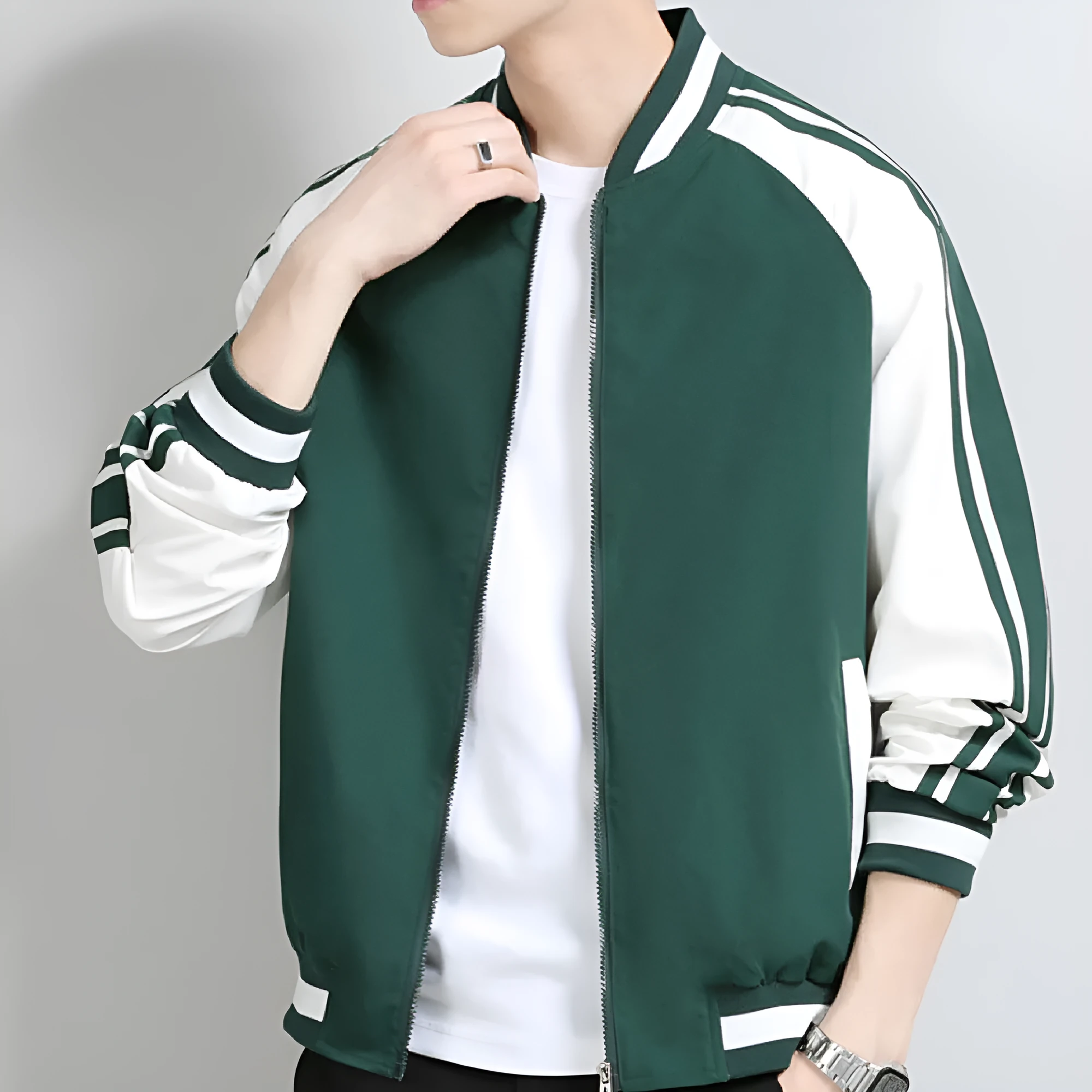 Men's striped baseball collar casual jacket in black, made from polyester fibre, available in sizes M-5XL