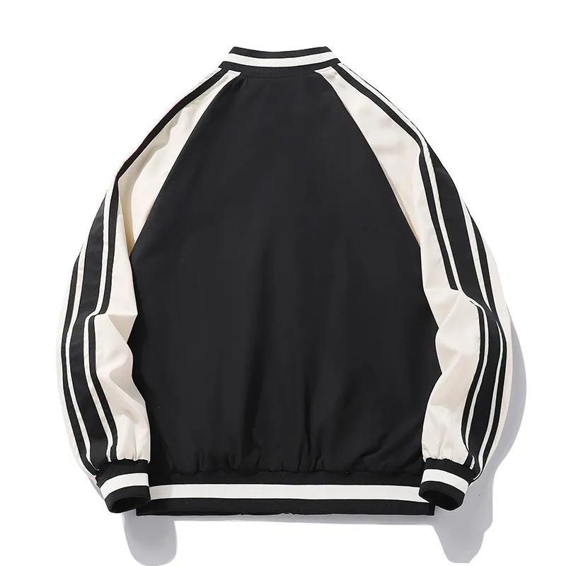 Men's striped baseball collar casual jacket in black, made from polyester fibre, available in sizes M-5XL