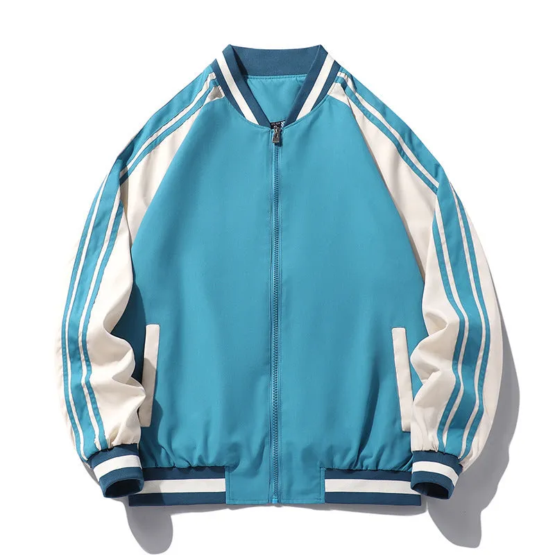Men's striped baseball collar casual jacket in black, made from polyester fibre, available in sizes M-5XL