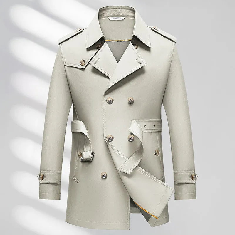 Men's business trench coat in khaki solid colour with non-ironing polyester fabric, front view