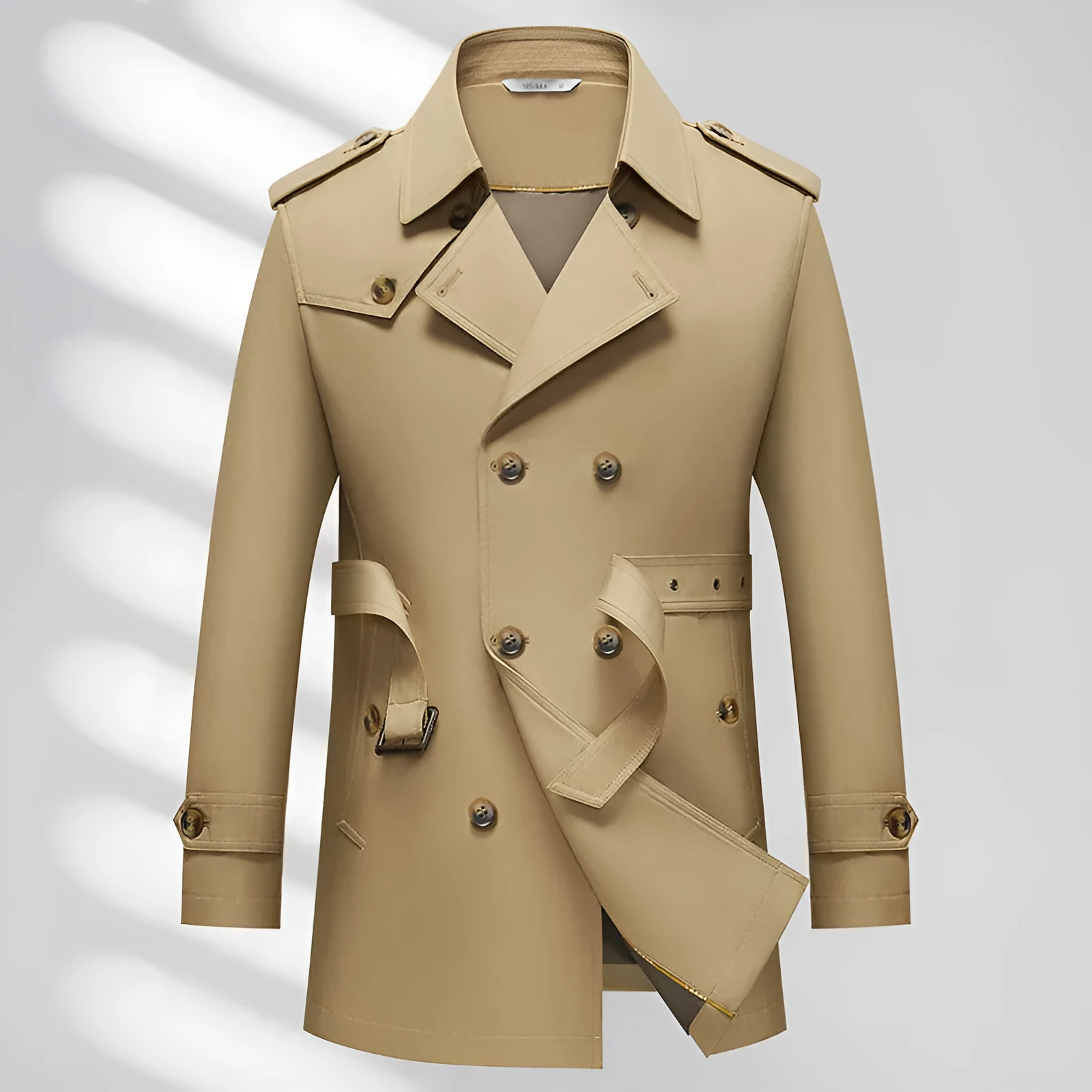 Men's business trench coat in khaki solid colour with non-ironing polyester fabric, front view
