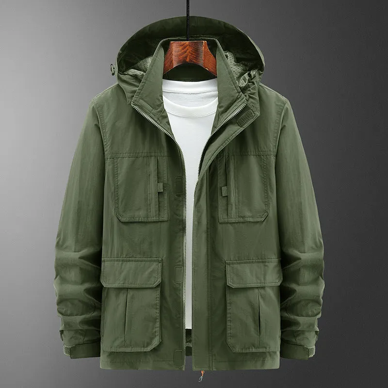 Men's casual outdoor shell jacket in solid colour, lightweight nylon, available in Army Green, Black, Khaki sizes M to 5XL