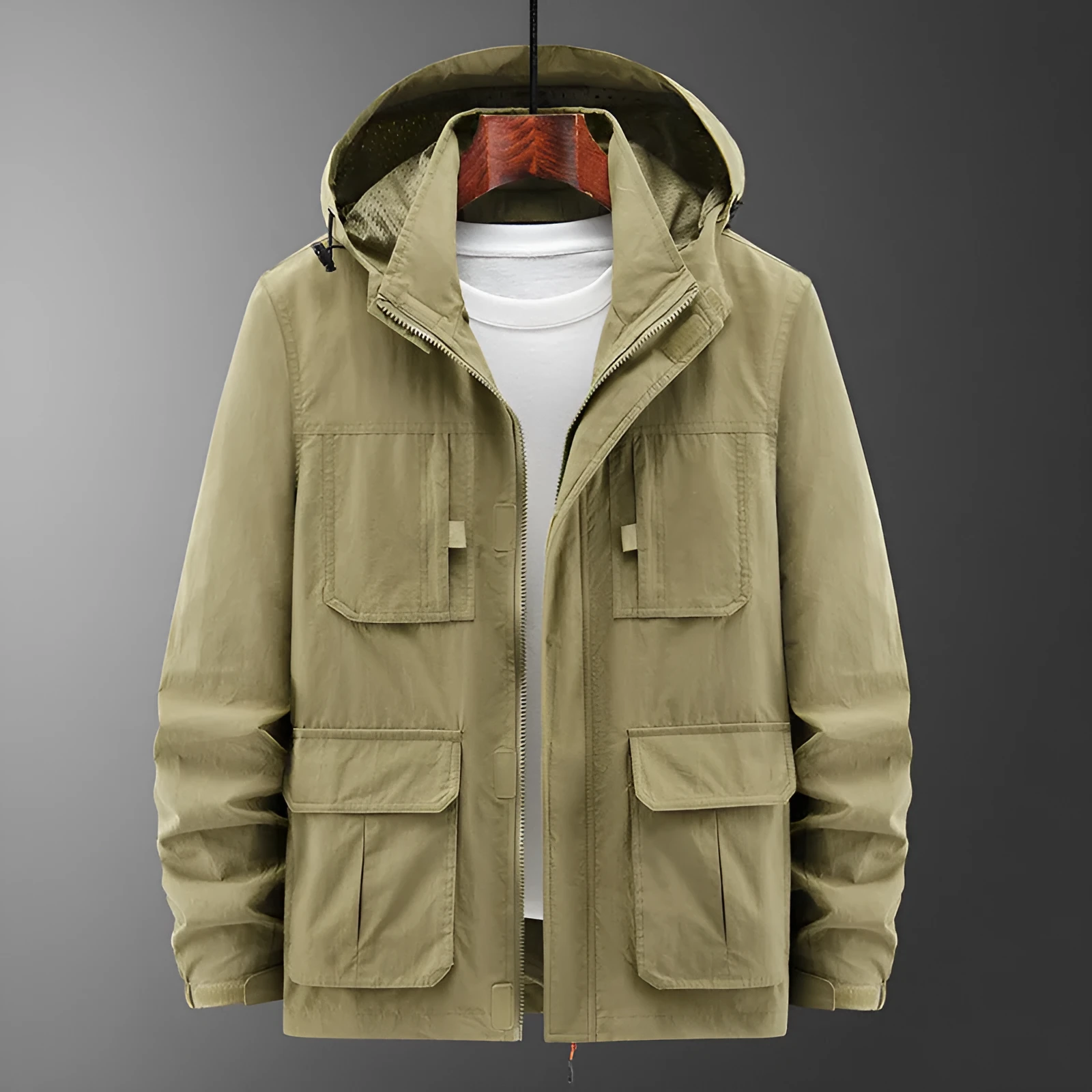 Men's casual outdoor shell jacket in solid colour, lightweight nylon, available in Army Green, Black, Khaki sizes M to 5XL