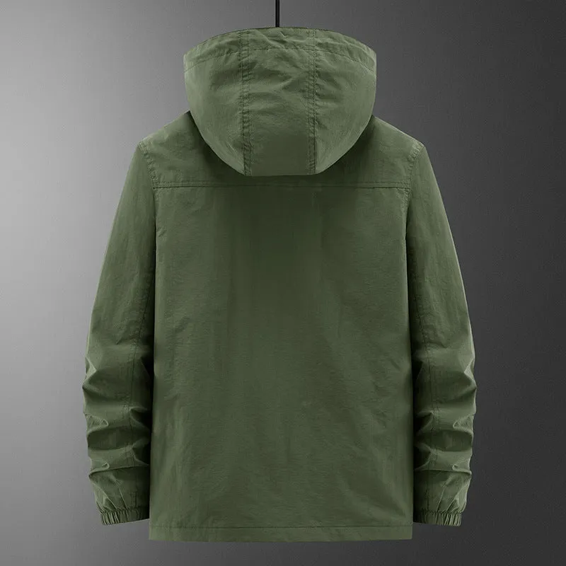 Men's casual outdoor shell jacket in solid colour, lightweight nylon, available in Army Green, Black, Khaki sizes M to 5XL