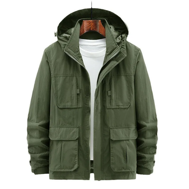 Men's casual outdoor shell jacket in solid colour, lightweight nylon, available in Army Green, Black, Khaki sizes M to 5XL