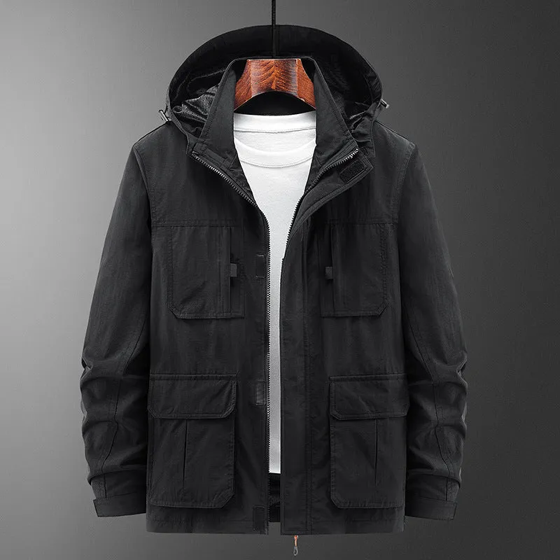 Men's casual outdoor shell jacket in solid colour, lightweight nylon, available in Army Green, Black, Khaki sizes M to 5XL