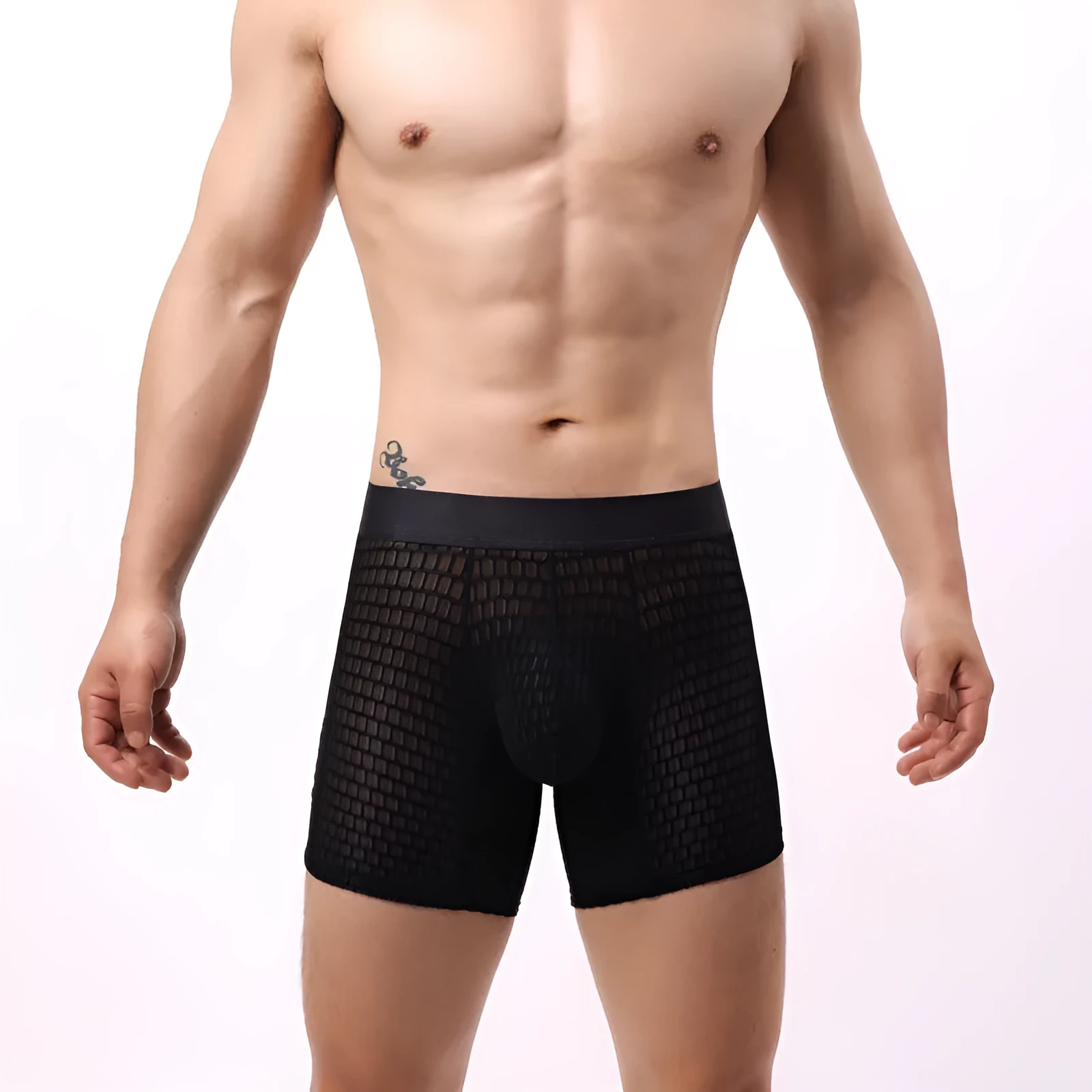 Men's white lace mesh boxer shorts with low waist design on a flat lay.
