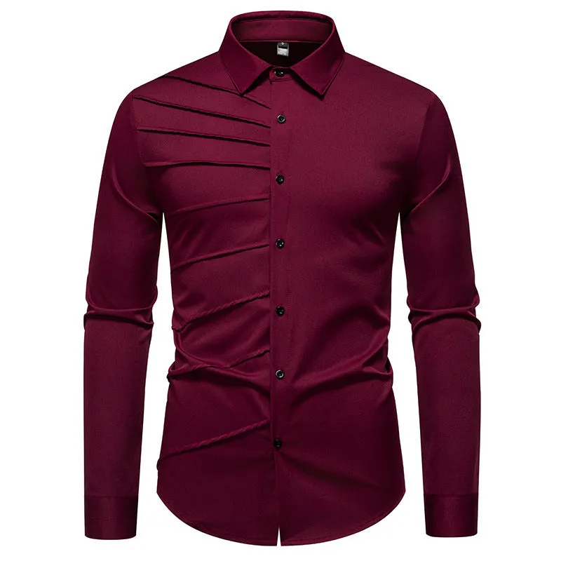 Men's pleated design casual long-sleeved shirt in slim-fit cardigan style, polyester fabric, white colour