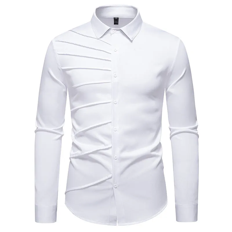 Men's pleated design casual long-sleeved shirt in slim-fit cardigan style, polyester fabric, white colour