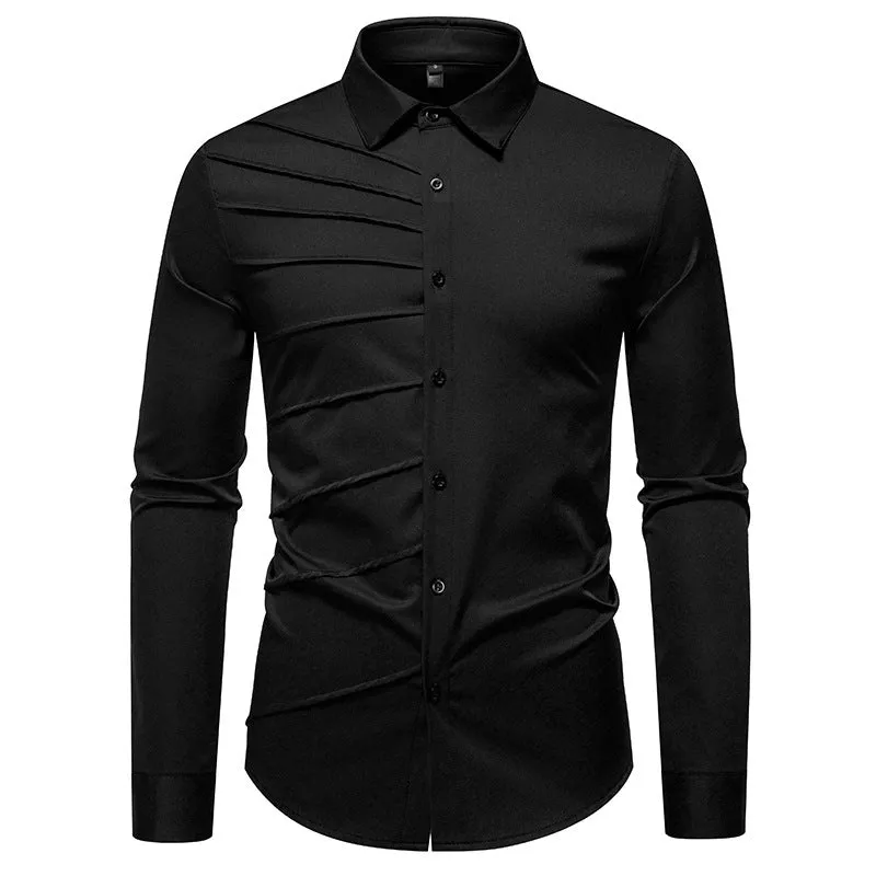 Men's pleated design casual long-sleeved shirt in slim-fit cardigan style, polyester fabric, white colour