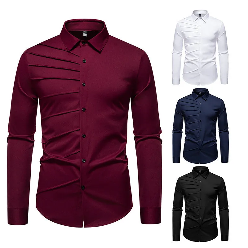 Men's pleated design casual long-sleeved shirt in slim-fit cardigan style, polyester fabric, white colour