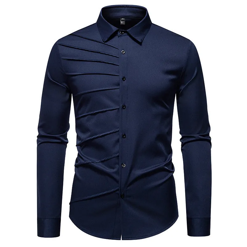 Men's pleated design casual long-sleeved shirt in slim-fit cardigan style, polyester fabric, white colour