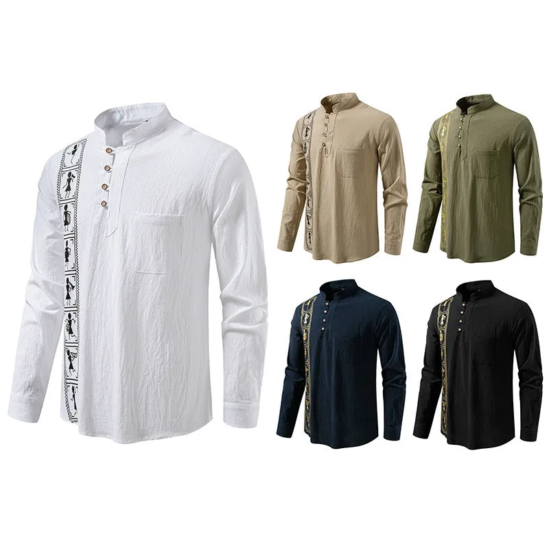 Men's solid colour cotton linen style slim fit pullover shirt in khaki, European sizes S-2XL