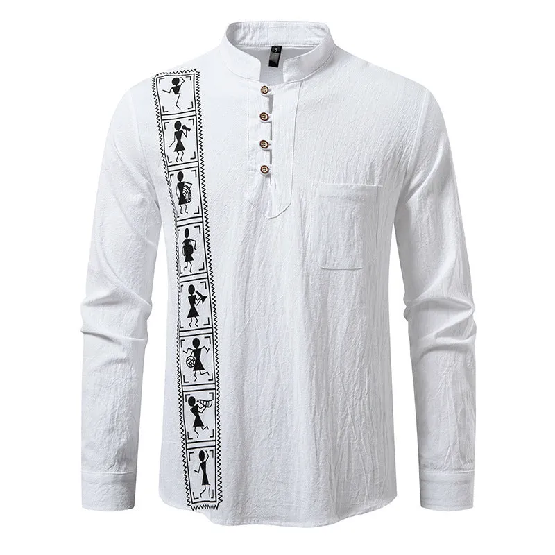 Men's solid colour cotton linen style slim fit pullover shirt in khaki, European sizes S-2XL