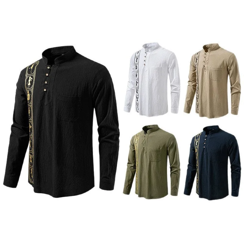 Men's solid colour cotton linen style slim fit pullover shirt in khaki, European sizes S-2XL