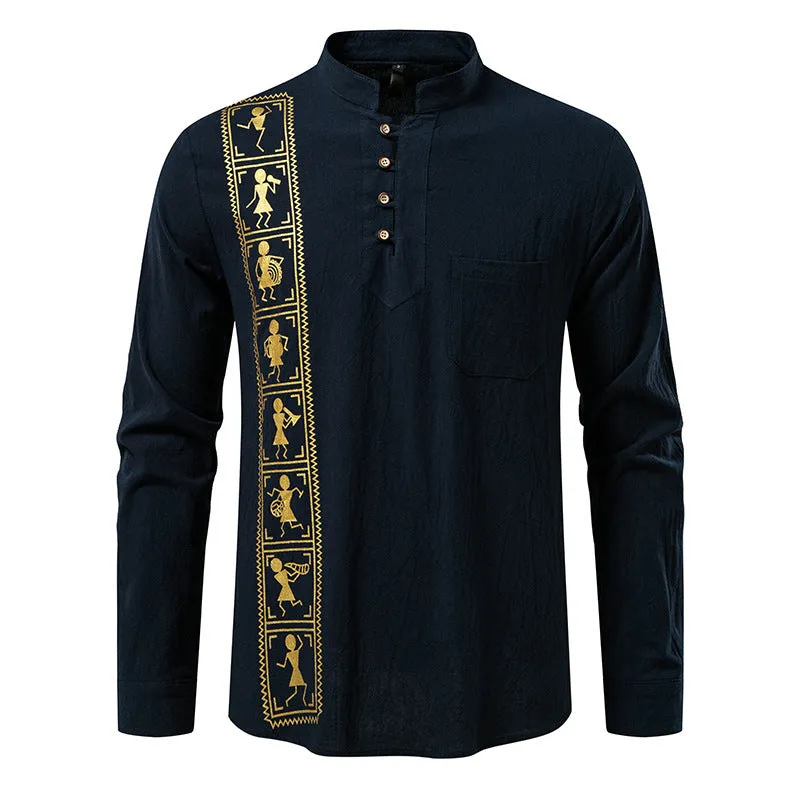 Men's solid colour cotton linen style slim fit pullover shirt in khaki, European sizes S-2XL